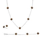 Sterling Silver Chocolate-dyed Freshwater Cultured Pearl Necklace, Bracelet And Earring Set, Women's, Brown