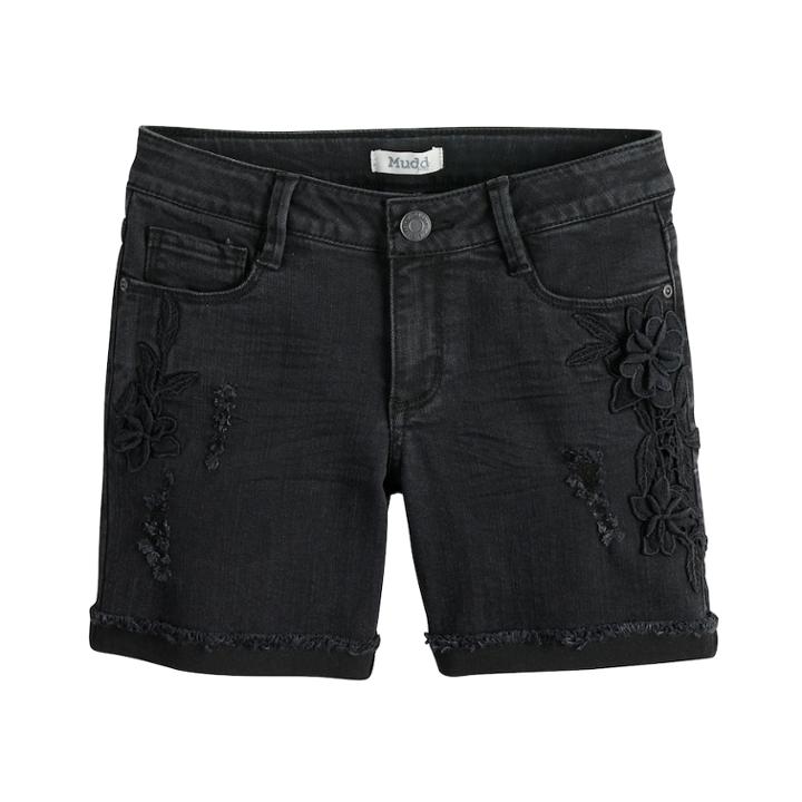 Girls 7-16 & Plus Size Mudd&reg; Floral Applique Distressed Denim Shorts, Size: 8, Black