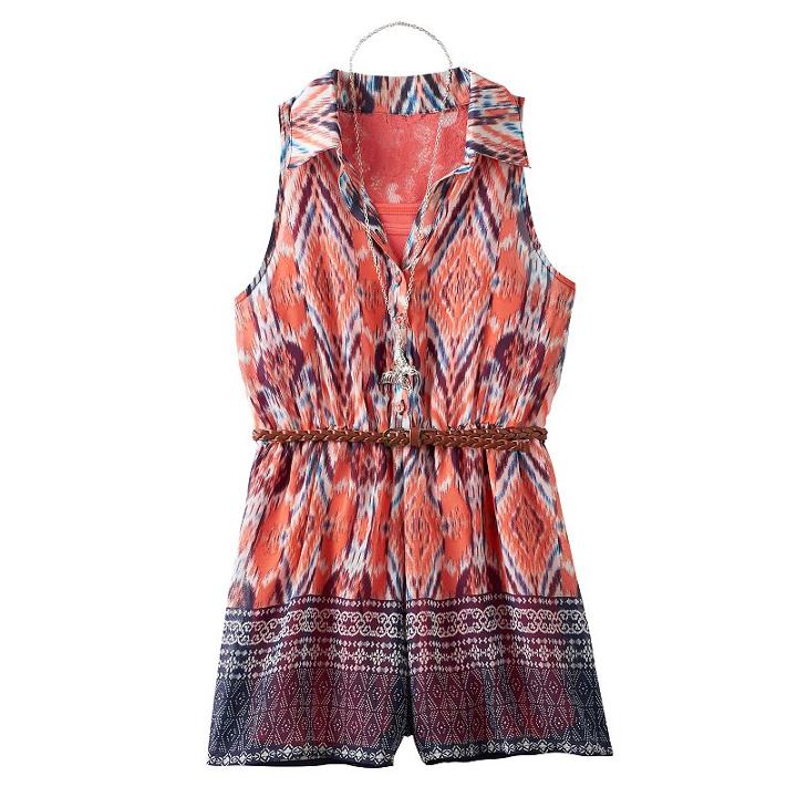 Girls 7-16 Knitworks Lace Back Patterned Belted Romper With Necklace, Girl's, Size: 16, Lt Orange