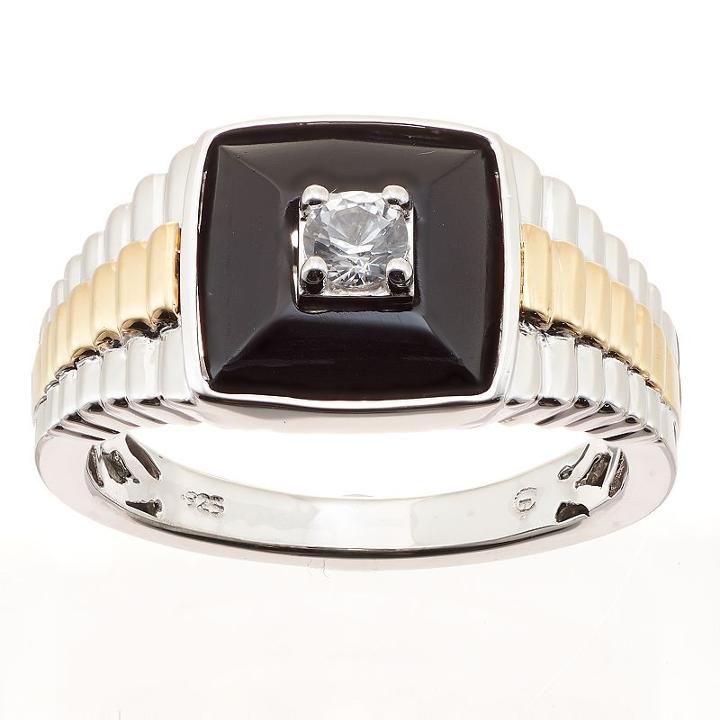 Two Tone Sterling Silver & Lab-created Onyx & White Sapphire Men's Ring, Size: 12, Black