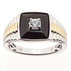 Two Tone Sterling Silver & Lab-created Onyx & White Sapphire Men's Ring, Size: 12, Black