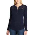 Women's Chaps Lace-trim Henley Shirt, Size: Large, Blue (navy)