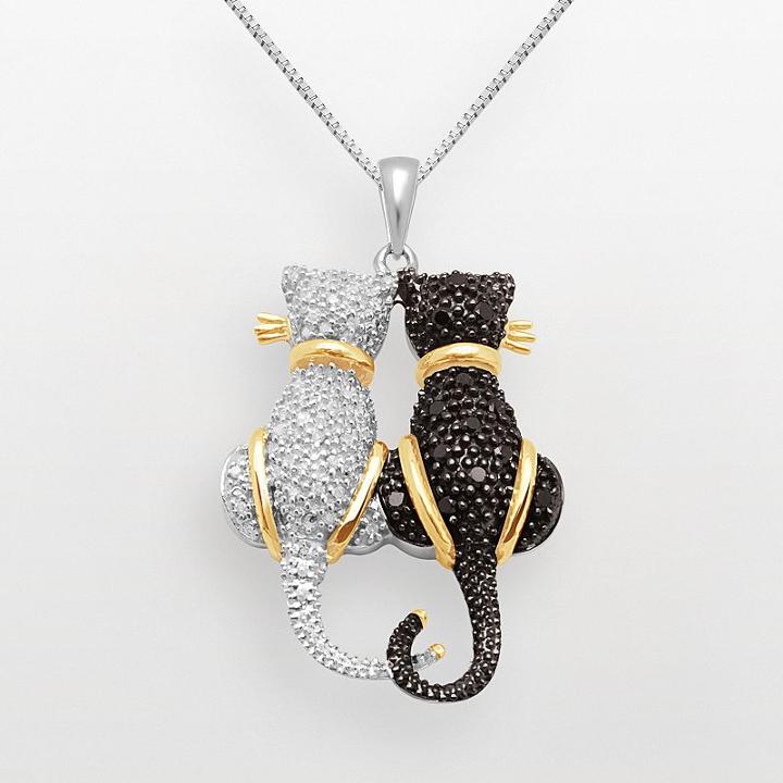 Sterling Silver And 18k Yellow Gold-over-silver 1/4-ct. T.w. Diamond Cat Pendant, Women's, Size: 18, Black