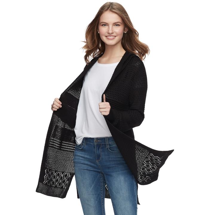 Juniors' Pink Republic Hooded Open-work Long Cardigan, Teens, Size: Medium, Black