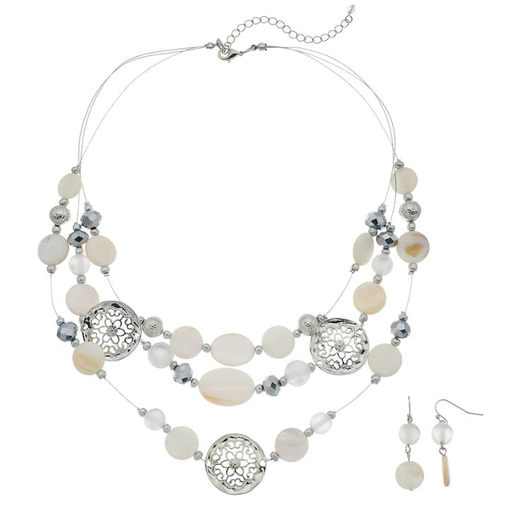 Filigree Flower & White Bead Multi Strand Necklace & Drop Earring Set, Women's