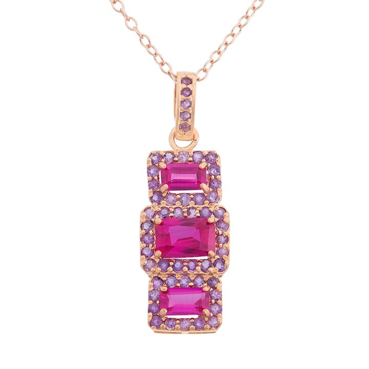 Lab-created Ruby And Amethyst 14k Rose Gold Over Silver 3-stone Halo Pendant Necklace, Women's, Size: 18, Multicolor