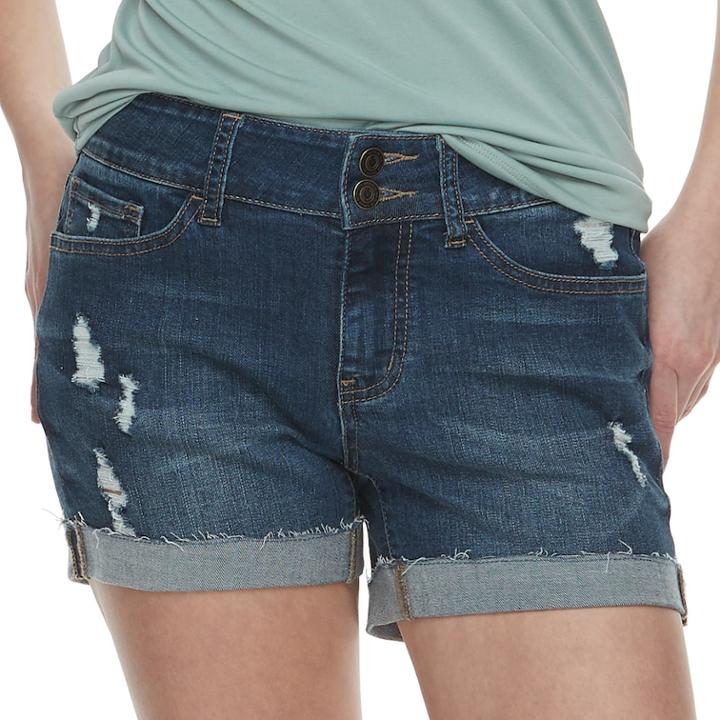 Juniors' So&reg; Frayed-hem Denim Midi Shorts, Teens, Size: 1, Dark Blue