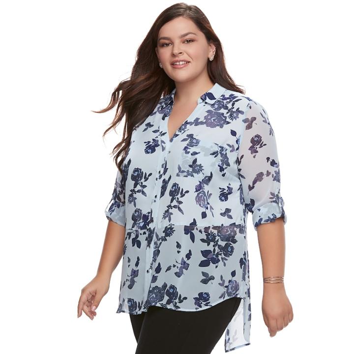 Juniors' Plus Size Candie's&reg; Print Split-back Hem Blouse, Teens, Size: 3xl, Light Blue