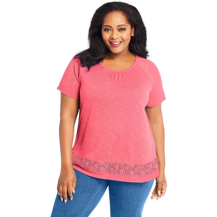 Plus Size Just My Size Lace Panel Slub Short Sleeve Top, Women's, Size: 3xl, Dark Pink