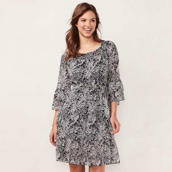 Women's Lc Lauren Conrad Print Fit & Flare Peasant Dress, Size: Large, Black