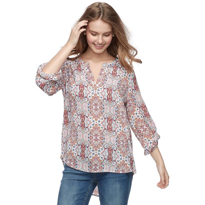 Juniors' Pink Republic Printed Popover Top, Teens, Size: Small, White