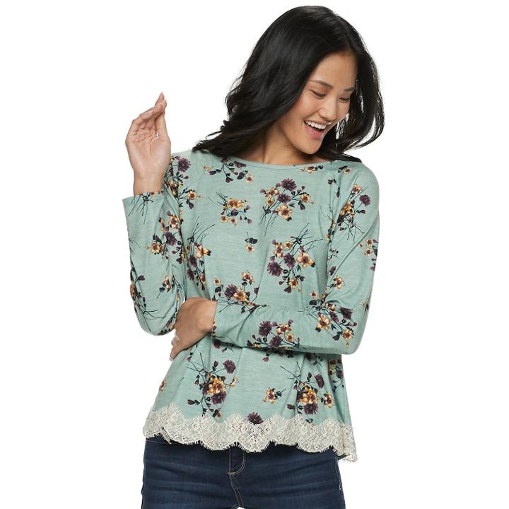 Juniors' Rewind Lace-up Back Crochet Trim Long Sleeve Tee, Teens, Size: Large, Green