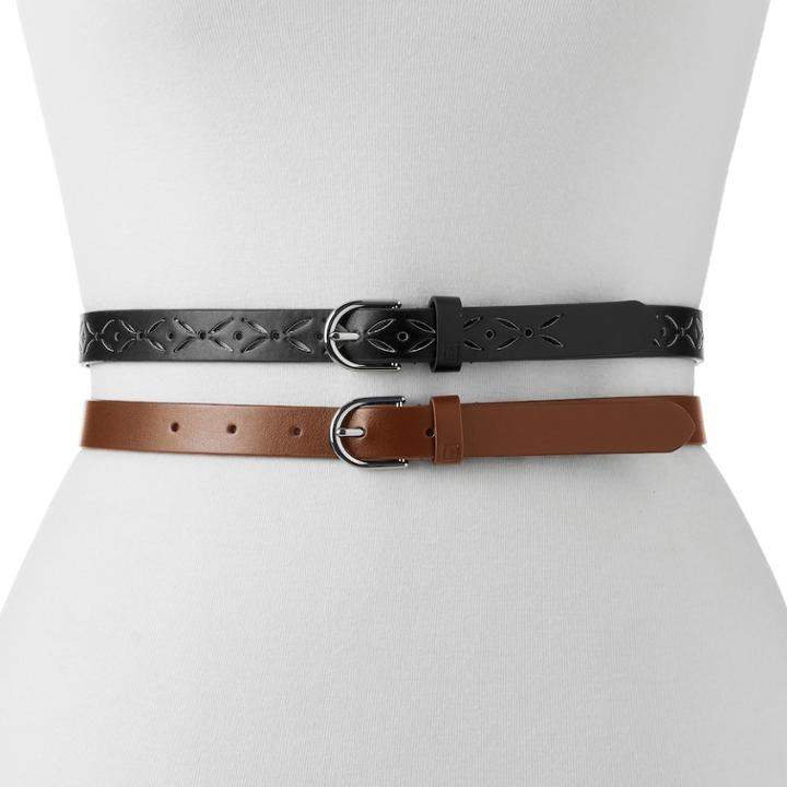 Women's Chaps Perforated 2-for-1 Skinny Belt Set, Size: Xl, Black