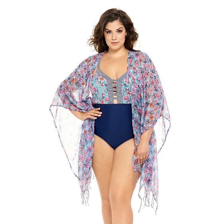 Juniors' Plus Size Costa Del Sol Floral Chiffon Poncho Cover-up, Size: 0x-1x, Dark Blue