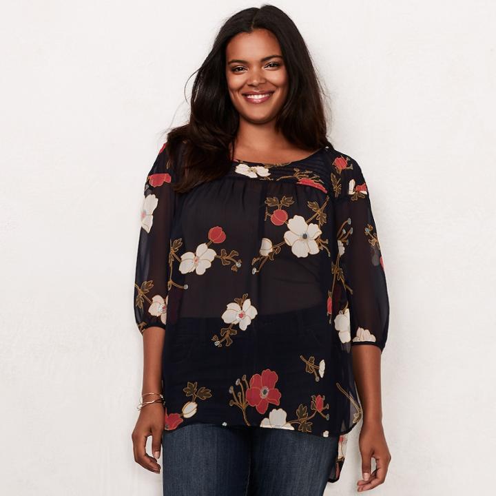 Plus Size Lc Lauren Conrad Printed Chiffon Peasant Top, Women's, Size: 1xl, Blue