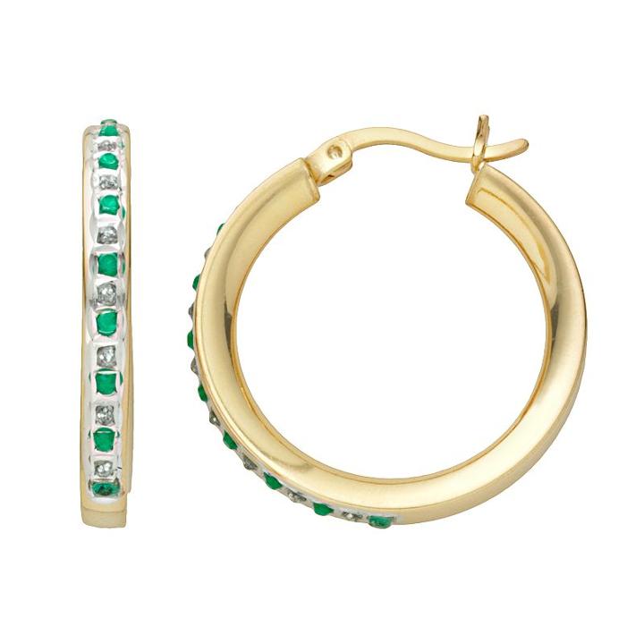 18k Gold-over-silver Emerald And Diamond Accent Hoop Earrings, Women's, Green