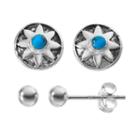 Simulated Turquoise Sterling Silver Flower & Ball Stud Earring Set, Women's, Turq/aqua