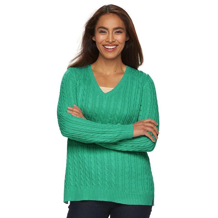 Women's Croft & Barrow&reg; V-neck Cable Knit Sweater, Size: Medium, Med Green
