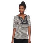 Women's Croft & Barrow&reg; Striped Embroidered Bib Top, Size: Large, Lt Beige