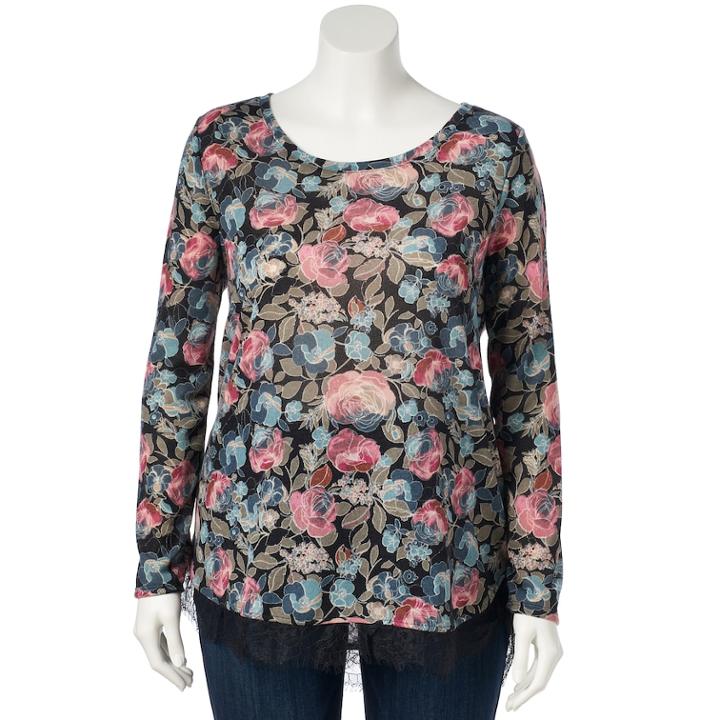 Plus Size Lc Lauren Conrad Lace Trim Top, Women's, Size: 2xl, Dark Grey