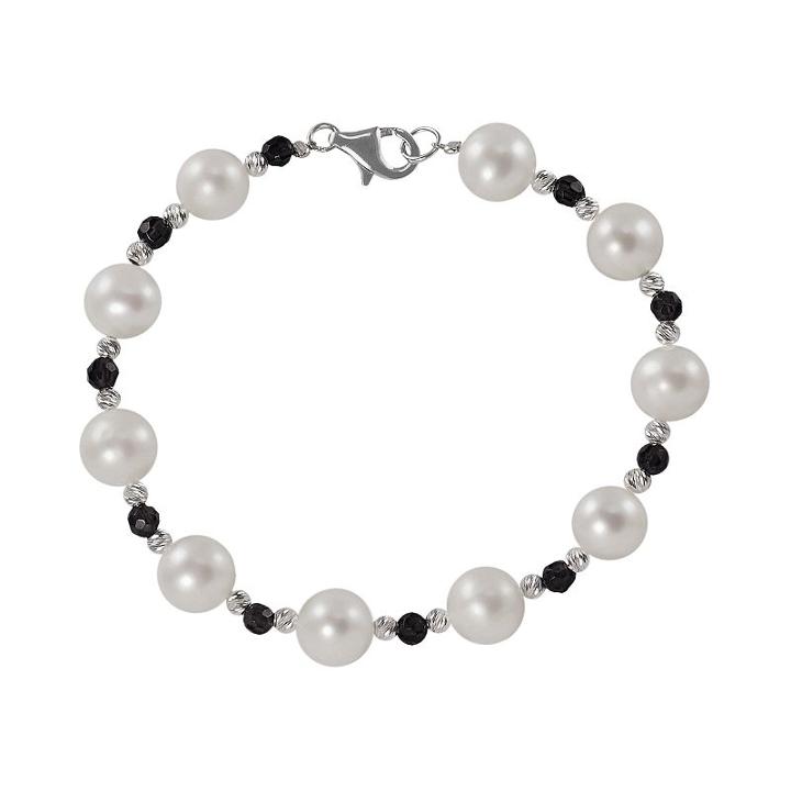 Sterling Silver Freshwater Cultured Pearl And Onyx Bead Bracelet, Women's, Black