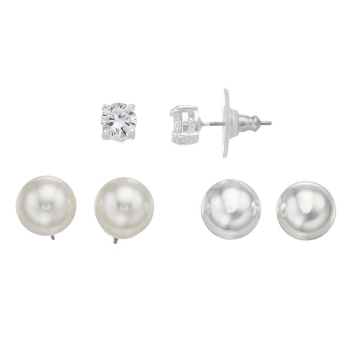 Simulated Pearl & Simulated Crystal Nickel Free Stud Earring Set, Women's, White