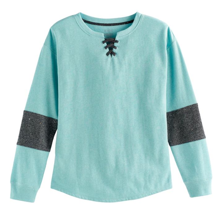 Girls 7-16 So&reg; French Terry Glitter Lace-up Pullover, Size: 10, Blue
