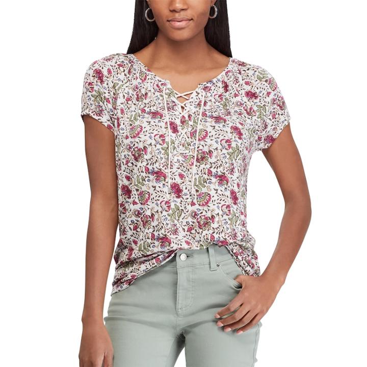 Women's Chaps Print Lace-up Top, Size: Xxl, White