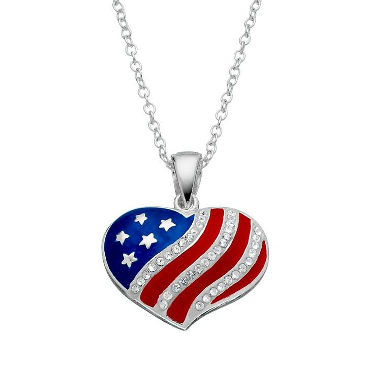 Crystal Silver-plated American Flag Heart Pendant Necklace, Women's, Size: 18, Multicolor