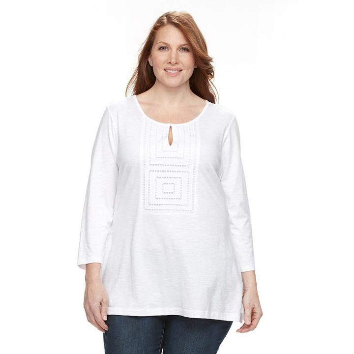 Plus Size Croft & Barrow&reg; Open-work Slubbed Tee, Women's, Size: 2xl, White