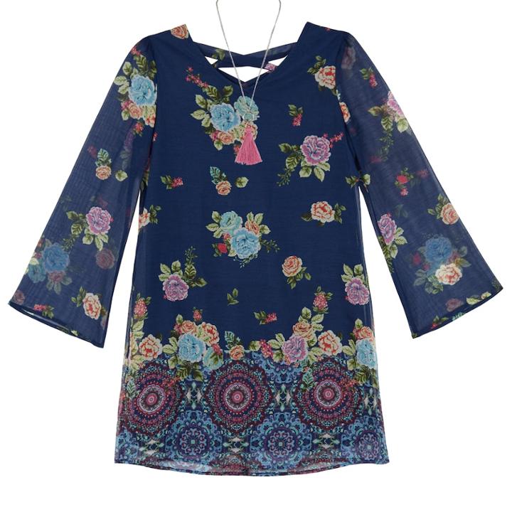 Girls 7-16 Iz Amy Byer Lace-up Floral Print Chiffon Shift Dress With Necklace, Size: 7, Navy Floral