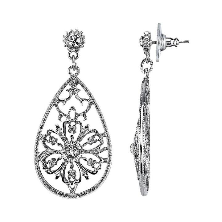 1928 Simulated Crystal Filigree Flower Teardrop Earrings, Women's, White