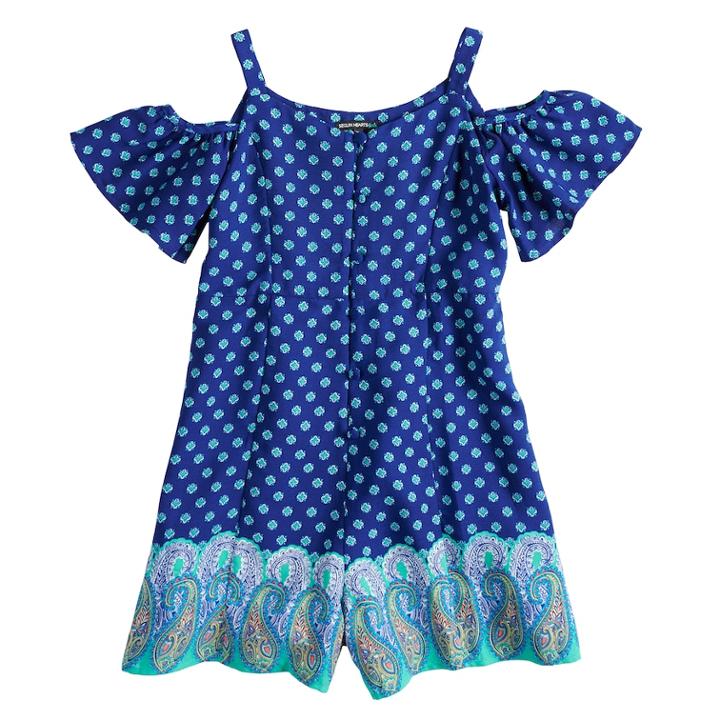 Girls 7-16 My Michelle Border Print Cold Shoulder Romper, Size: Medium, Blue (navy)