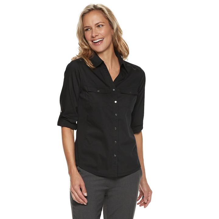 Petite Croft & Barrow&reg; Knit-to-fit Roll-tab Shirt, Women's, Size: Xs Petite, Mineral Black