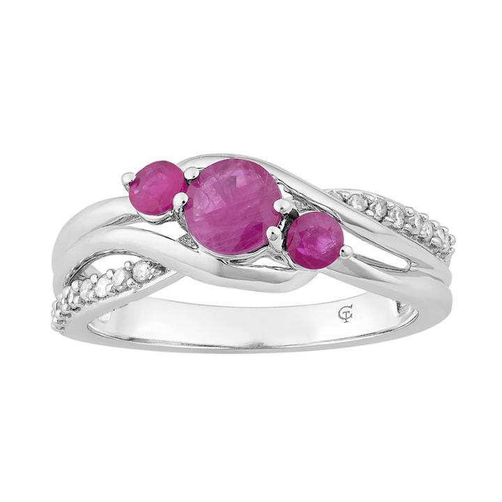 10k White Gold Ruby & 1/8 Carat T.w. Diamond 3-stone Ring, Women's, Red