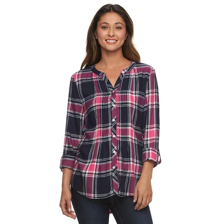Women's Croft & Barrow&reg; Plaid Roll-tab Tunic, Size: Large, Blue