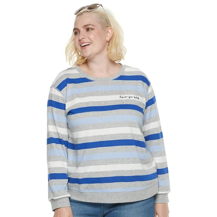 Plus Size Popsugar Love Ya Self Striped Sweater, Women's, Size: 1xl, Dark Grey