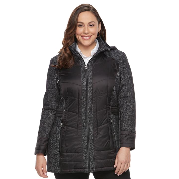 Plus Size D.e.t.a.i.l.s Hooded Mixed-media Puffer Jacket, Women's, Size: 1xl, Black