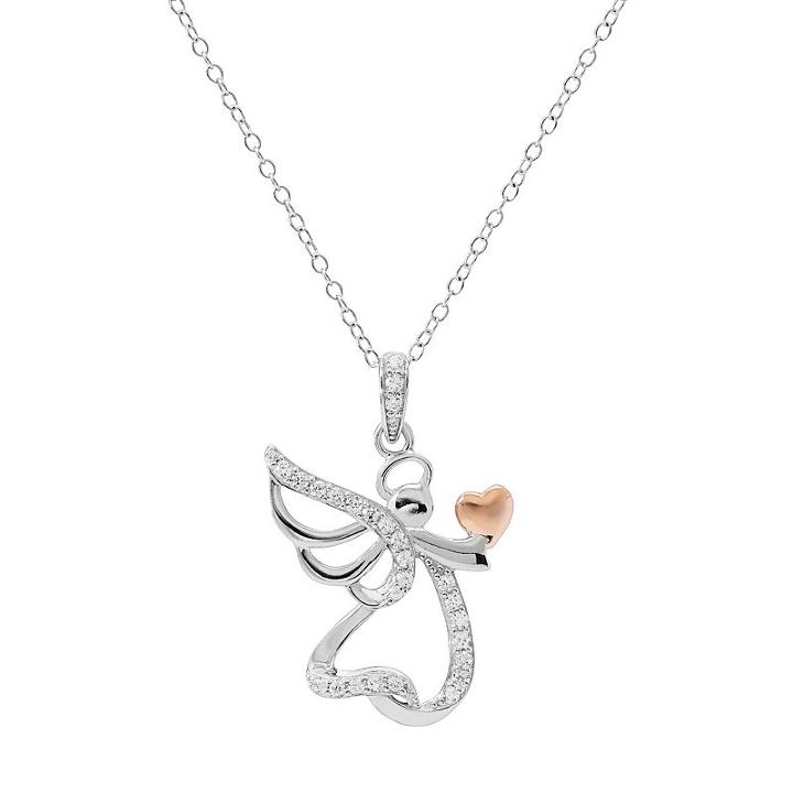 Hallmark Two Tone Sterling Silver Cubic Zirconia Angel Pendant, Women's, Size: 18, White