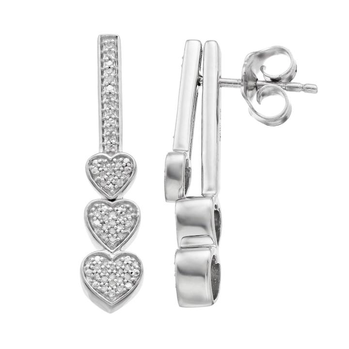 Sterling Silver 1/6 Carat T.w. Diamond Triple Heart Front-back Earrings, Women's, White