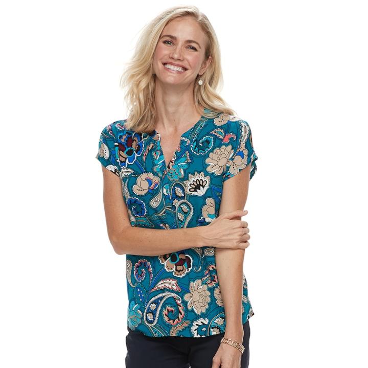 Women's Dana Buchman Print Splitneck Top, Size: Medium, Dark Blue
