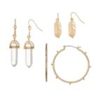 Faceted Stone, Feather & Notched Hoop Earring Set, Women's, Gold