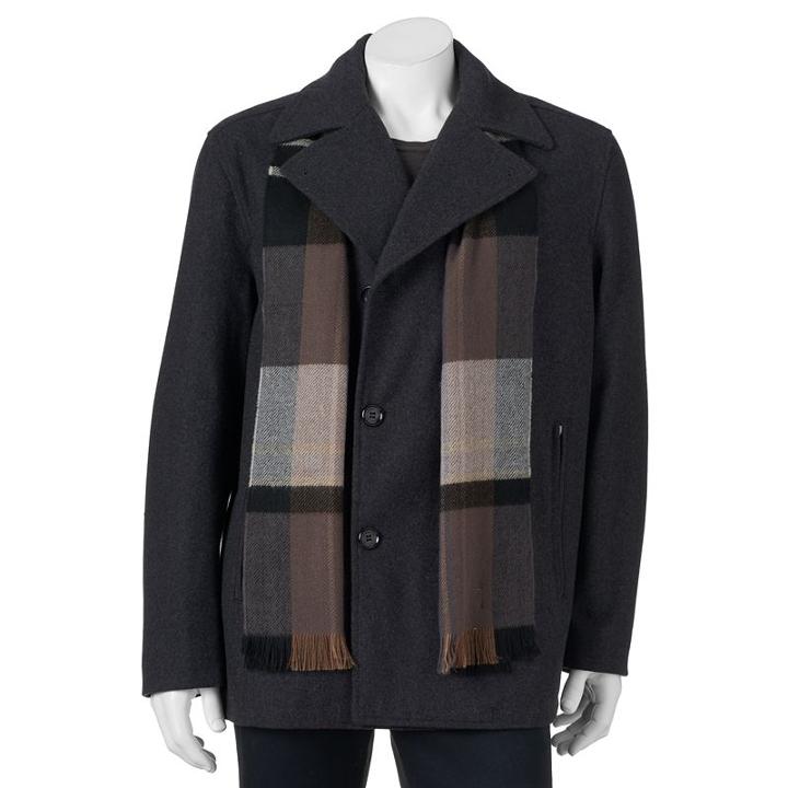 Men's Towne Wool-blend Double-breasted Peacoat With Plaid Scarf, Size: Large, Grey Other