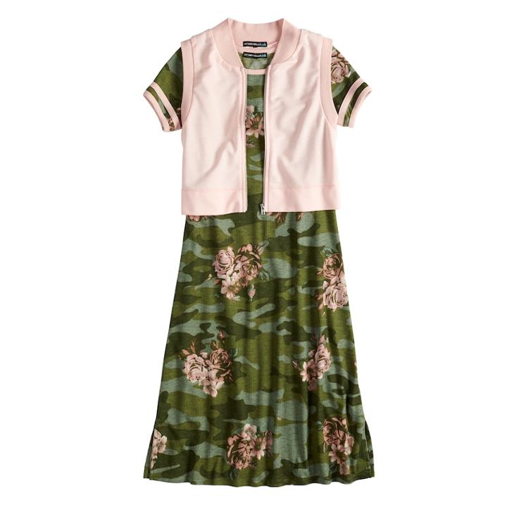 Girls 7-16 My Michelle Floral Print Varsity Dress & Vest Set, Size: 10, Green