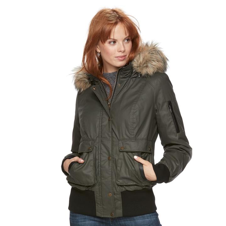 Women's Sebby Collection Faux-fur Trim Bomber Parka, Size: Medium, Green Oth