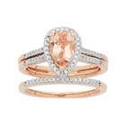 14k Rose Gold Morganite & 1/5 Carat T.w. Diamond Pear Halo Engagement Ring Set, Women's, Size: 9, Pink