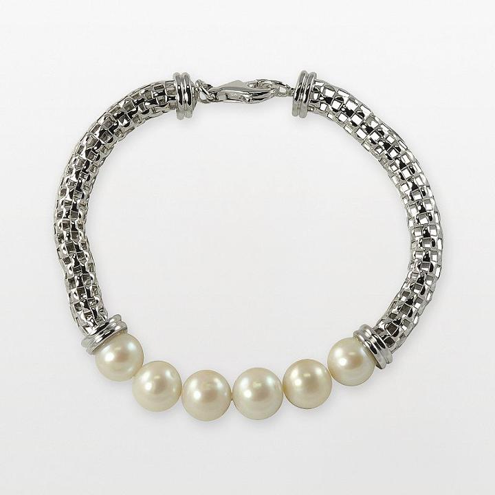 Sterling Silver Freshwater Cultured Pearl Mesh Chain Bracelet, Women's, White