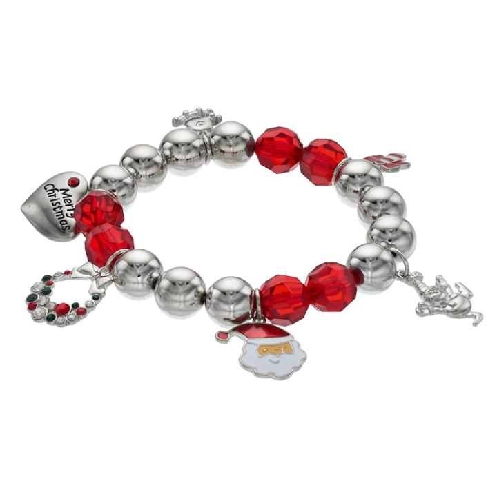 Merry Christmas Santa Clause & Elf Charm Stretch Bracelet, Women's, Red