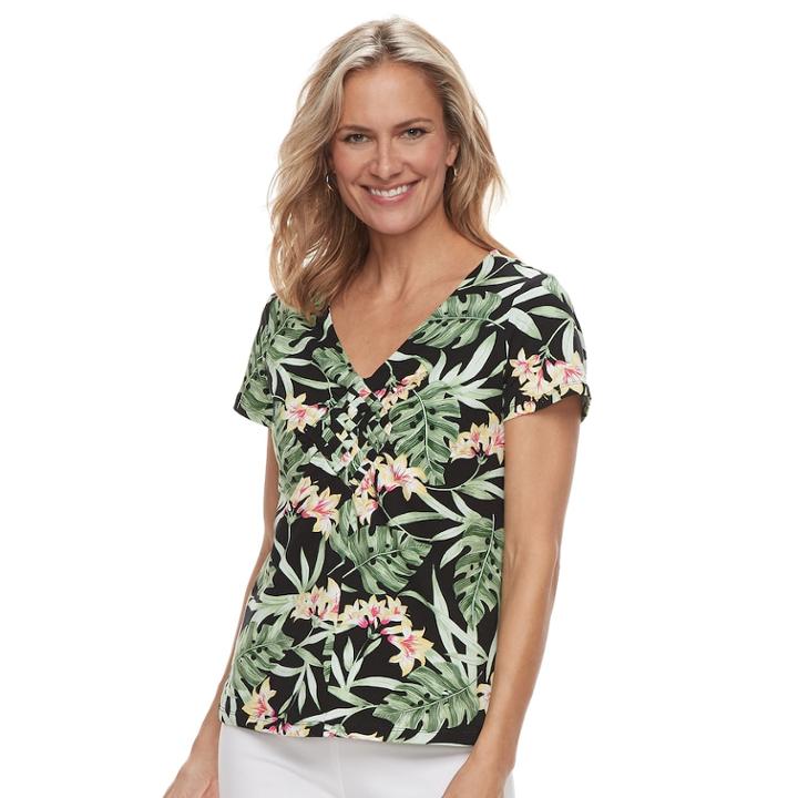 Women's Caribbean Joe Floral Woven Tee, Size: Xl, Oxford