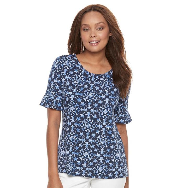 Petite Croft & Barrow&reg; Printed Flounce-sleeve Tee, Women's, Size: Xl Petite, Dark Blue